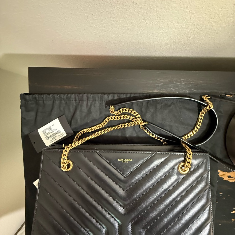Saint Laurent Black Chevron Shoulder Bag with Gold Chain